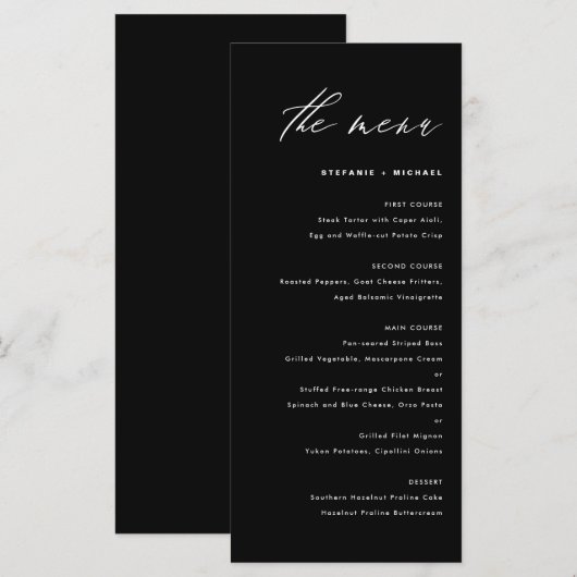 Zwart-witte legante kalligrafie bruiloft menu (Voorkant / Achterkant)