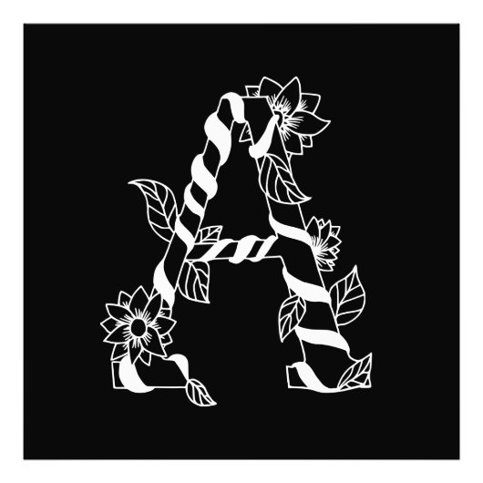 Zwart-witte letter "A" met Twining Flowers Foto Afdruk (Voorkant)