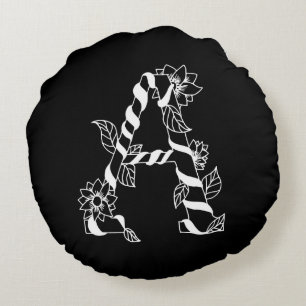 Zwart-witte letter "A" met Twining Flowers Rond Kussen