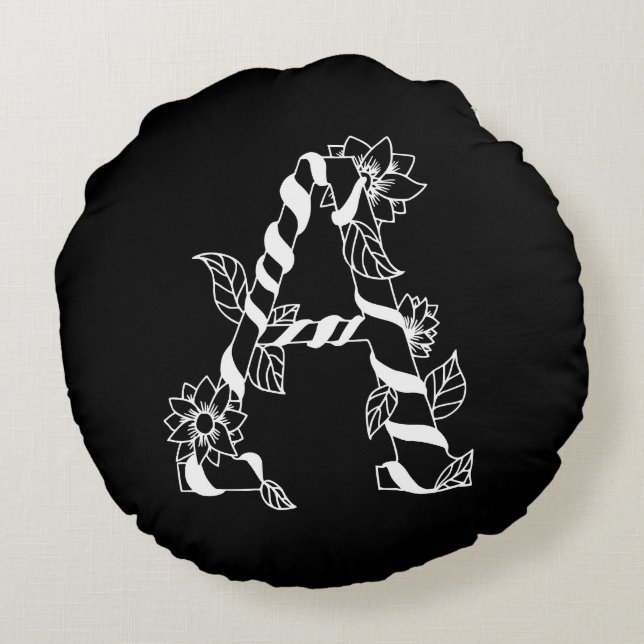 Zwart-witte letter "A" met Twining Flowers Rond Kussen (Achterkant)