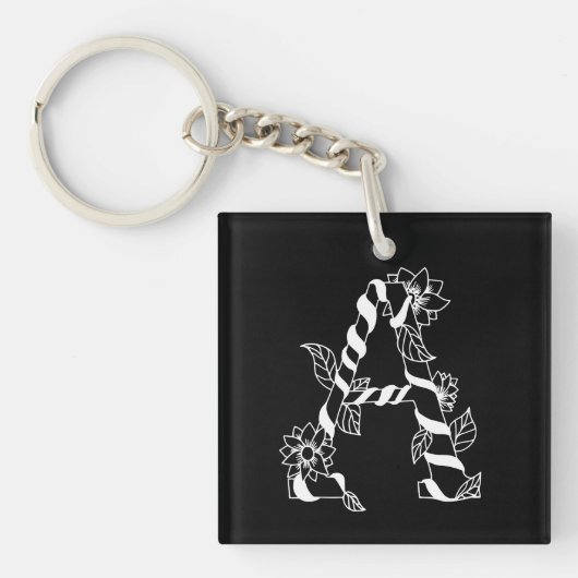 Zwart-witte letter "A" met Twining Flowers Sleutelhanger (voorkant)