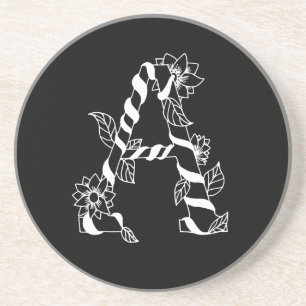 Zwart-witte letter "A" met Twining Flowers Zandsteen Onderzetter
