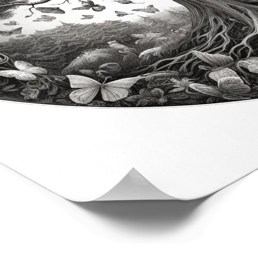 Zwart-witte levensboom met vlinders poster (Hoek)