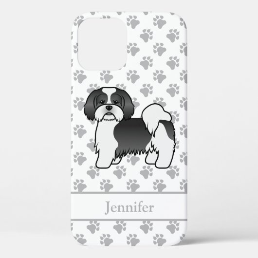 Zwart-Witte Lhasa Apso Cartoonhond & Naam Case-Mate iPhone Case (Achterkant)