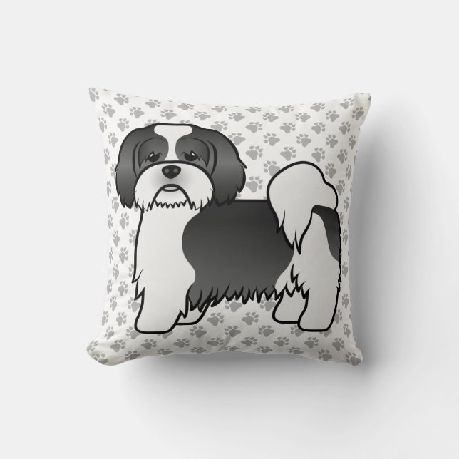 Zwart-Witte Lhasa Apso Cartoonhond & Pootjes Kussen (Voorkant)