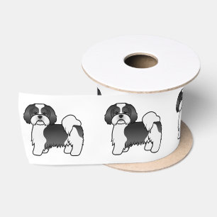 Zwart-Witte Lhasa Apso Schattige Cartoon Hond Satijnen Lint