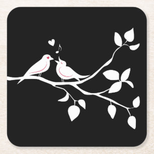 Zwart-Witte Liefdesvogels Bruiloft, Bruidsfeest Kartonnen Onderzetters