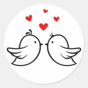 Zwart-witte Liefdesvogels Rode Hartjes Bruiloft Ronde Sticker