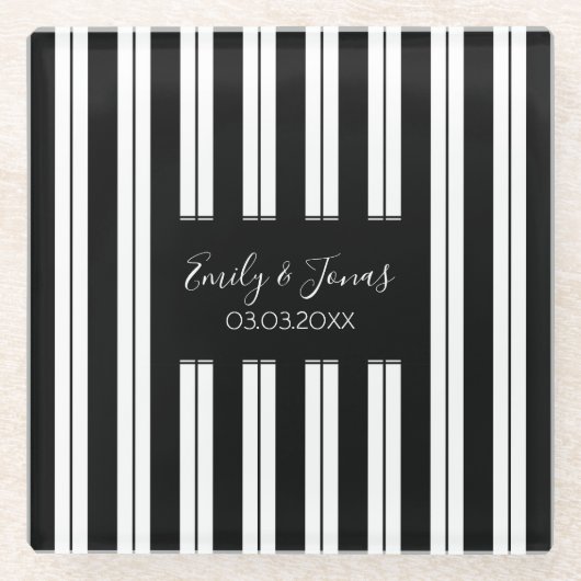 Zwart-witte lijnen en strepen met monogram glazen onderzetter (Voorkant)