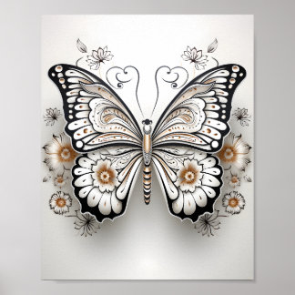 Zwart-witte lijntekening van een vlinder poster