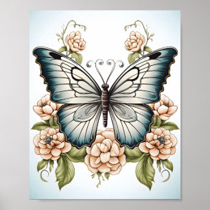 Zwart-witte lijntekening van een vlinder poster