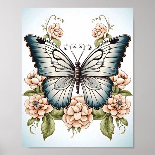 Zwart-witte lijntekening van een vlinder poster (Voorkant)