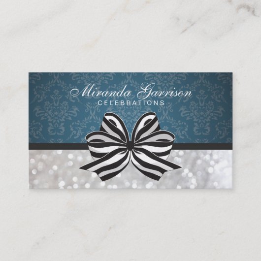 Zwart Witte Lint / Blauwe Damast Visitekaartje (Voorkant)