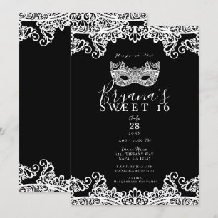 Zwart & Witte Lint Maskerade Sweet 16 Feestje Kaart