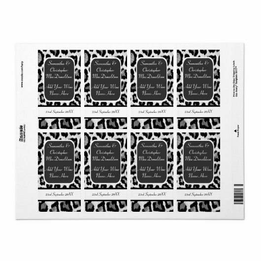 Zwart-witte luipaard print bruiloft wijn fles etiket (Full Sheet)