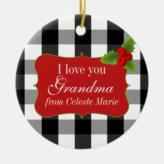 Zwart-witte Lumberjack Holly Berries Keramisch Ornament (Voorkant)