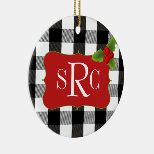 Zwart-witte Lumberjack Pset Holly Monogram Keramisch Ornament (Rechts)
