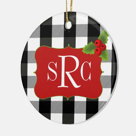 Zwart-witte Lumberjack Pset Holly Monogram Keramisch Ornament (Links)