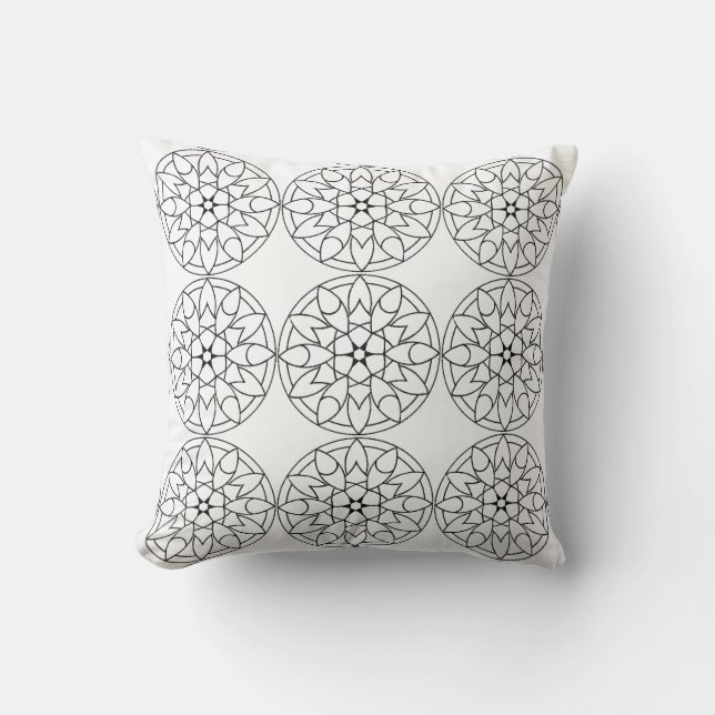 Zwart Witte Mandala Bloem Motief Kussen (Voorkant)