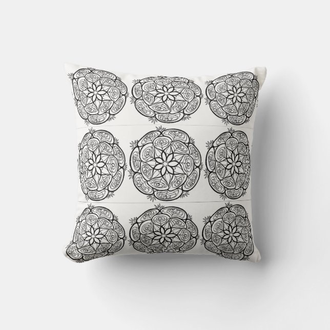 Zwart Witte Mandala Cirkelpatroon Kussen (Voorkant)