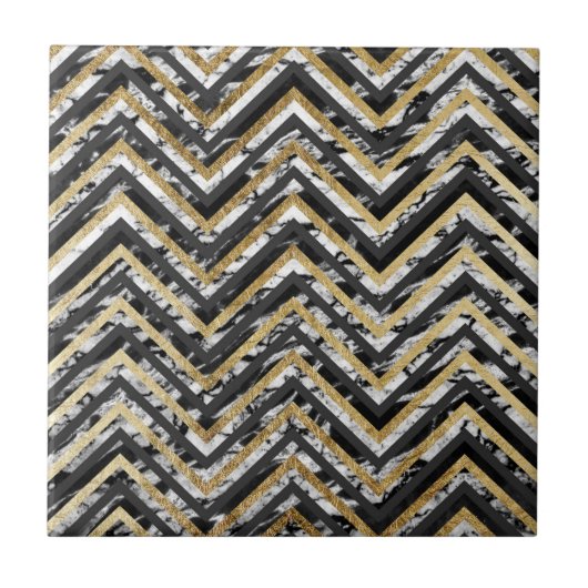 Zwart-witte marmer en gouden Chevron Zigzag Tegeltje (Voorkant)