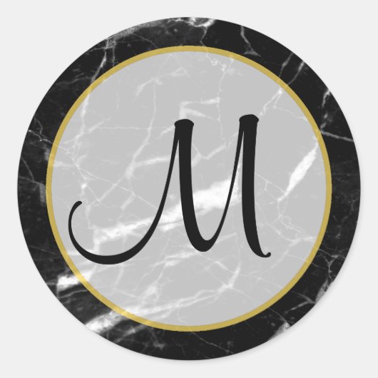 Zwart-witte marmer Gold-monogrammen Ronde Sticker (Voorkant)
