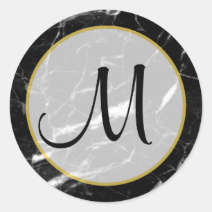 Zwart-witte marmer Gold-monogrammen Ronde Sticker