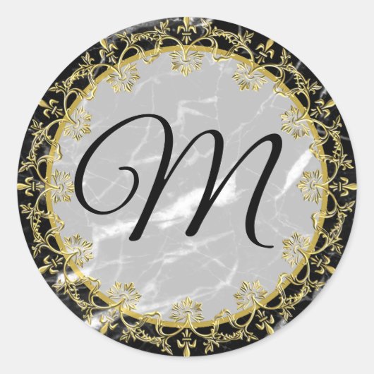 Zwart-witte marmer Gold-monogrammen Ronde Sticker (Voorkant)