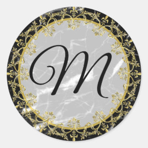 Zwart-witte marmer Gold-monogrammen Ronde Sticker