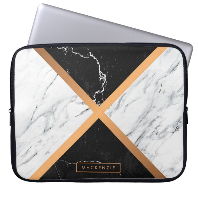 Zwart-witte marmer laptop sleeve (Voorkant)