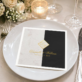 Zwart Witte Marmer Monogram Goud Elegante Trouw Servet