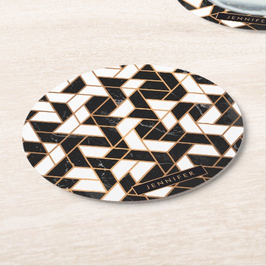 Zwart-witte marmer ronde kartonnen onderzetter (Gebogen)