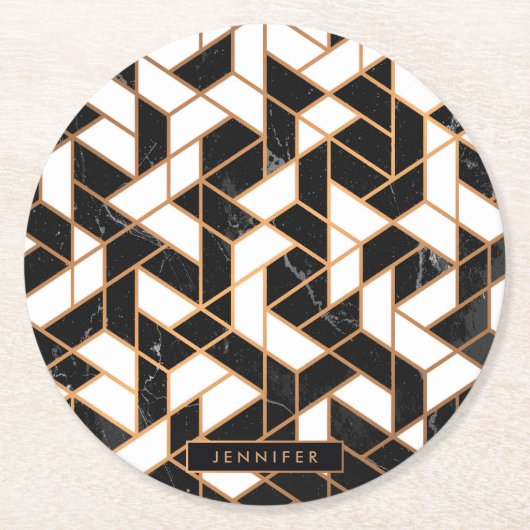 Zwart-witte marmer ronde kartonnen onderzetter (Voorkant)