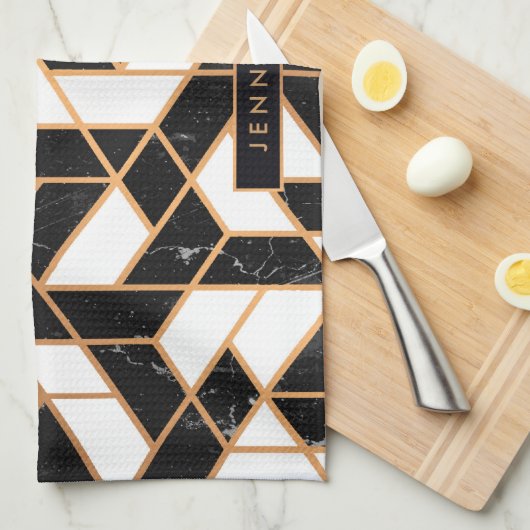 Zwart-witte marmer theedoek (Quarter Fold)