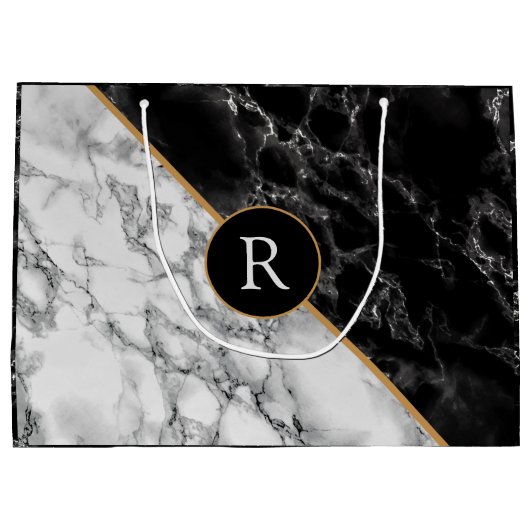 Zwart-witte marmer - voeg uw brief/leeftijd toe groot cadeauzakje (Achterkant)