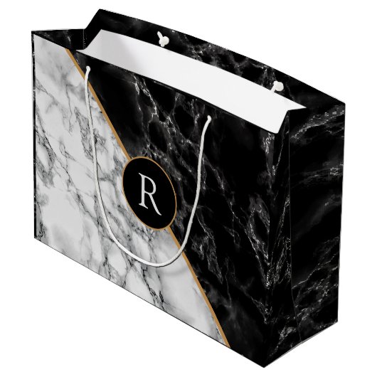 Zwart-witte marmer - voeg uw brief/leeftijd toe groot cadeauzakje (Achterkant Gekanteld)