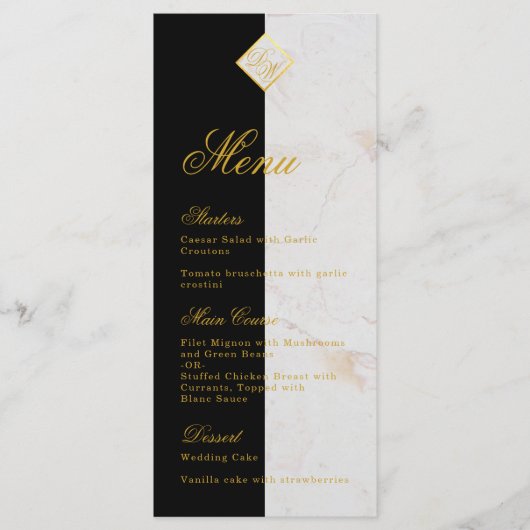 Zwart Witte Marmeren Monogram Calligrafie Nep Goud Menu (Voorkant)