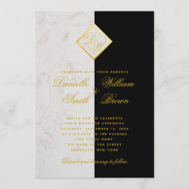 Zwart Witte Marmeren Monogram Goud Elegante Trouw Kaart