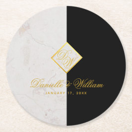 Zwart Witte Marmeren Monogram Gouden Elegante Trou Ronde Kartonnen Onderzetter