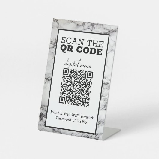 Zwart & Witte Marmeren QR Code Digitaal Menu  Reclamebord Met Voetstuk (Voorkant)