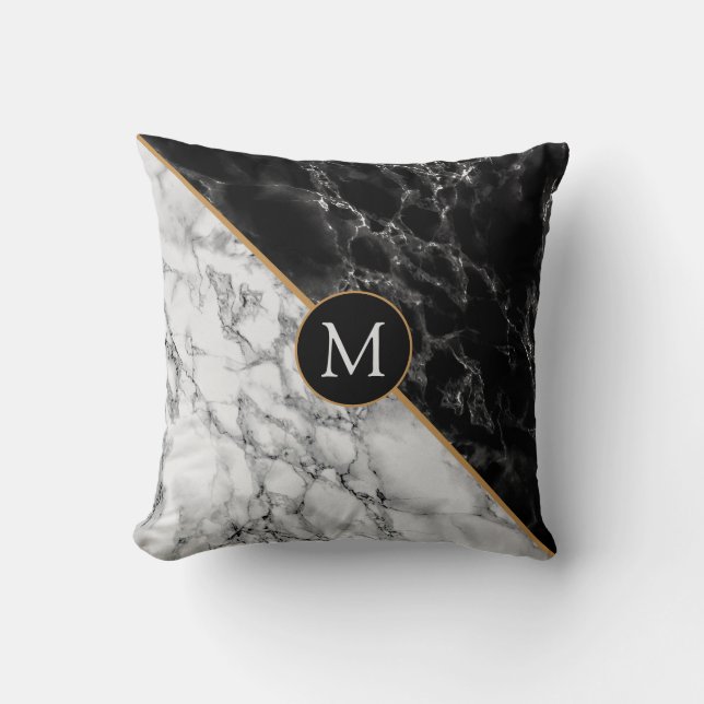 Zwart Witte Marmeren Worp Kussen Gift Met Eigen Le (Voorkant)