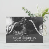 Zwart & Witte Masquerade Masker & Parels Uitnodigi Kaart (Staand voorkant)