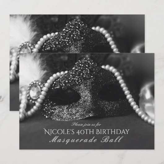 Zwart & Witte Masquerade Masker & Parels Uitnodigi Kaart (Voorkant / Achterkant)