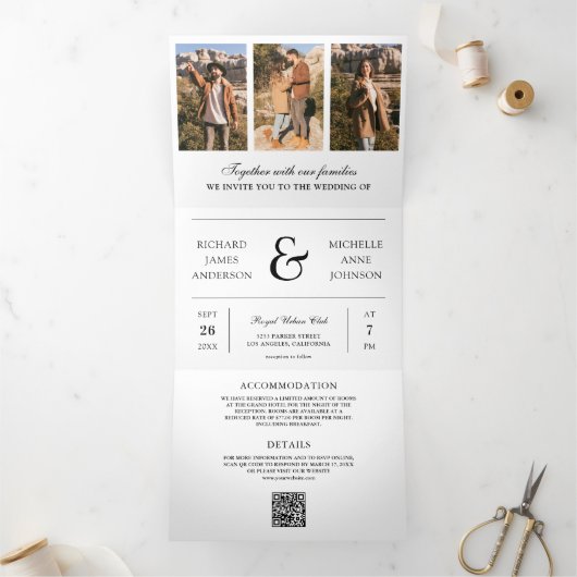 Zwart Witte Minimale Foto Collage QR Code Trouwen Drieluik Uitnodiging (Binnen)