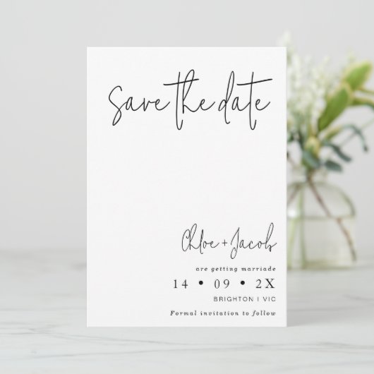 Zwart Witte Minimalistische Script Save The Date K Kaart (Staand voorkant)
