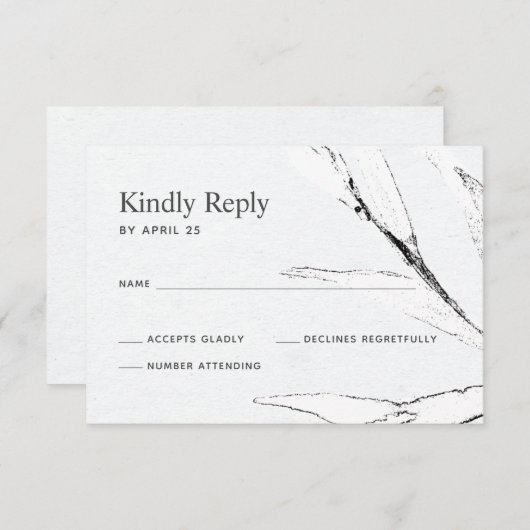 Zwart-witte, moderne bladetalige bruiloft RSVP kaartje (Voorkant / Achterkant)
