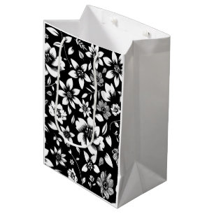 Zwart Witte Moderne Bloem Bladeren Waaien Medium Cadeauzakje