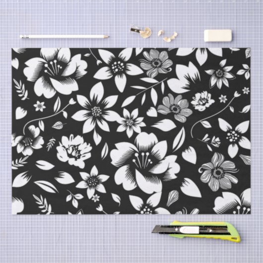 Zwart Witte Moderne Bloem Bladeren Waaien Tissuepapier (Craft)