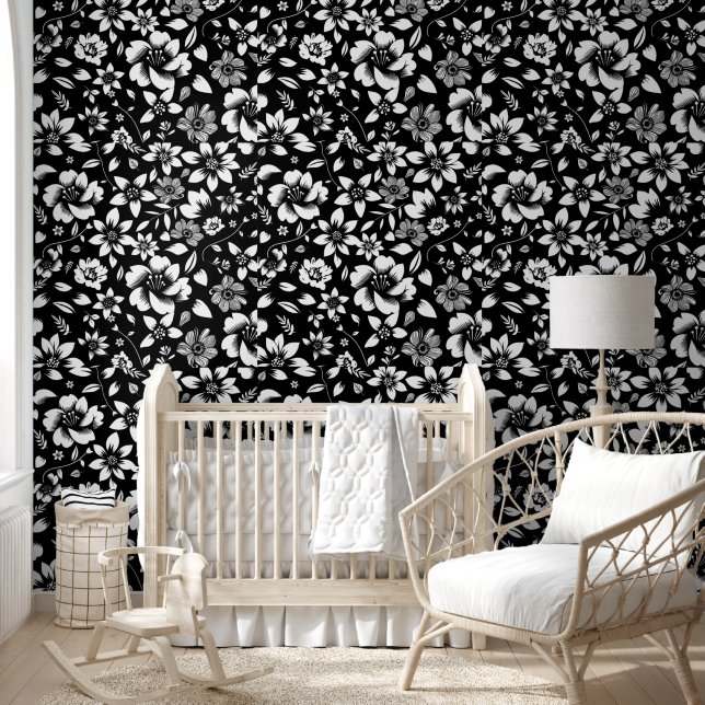 Zwart Witte Moderne Bloem Bladeren Waaierend Print Behang (Kinderen)
