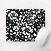 Zwart Witte Moderne Bloem Bladeren Waaierend Print Muismat (Met muis)